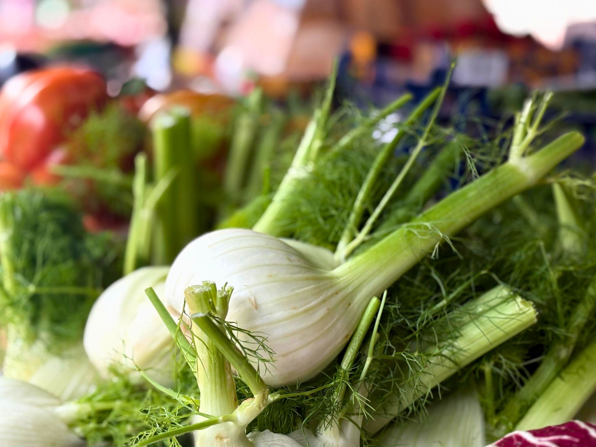 Grüner Spargel steht auf einem rot-weiß karierten GEschirrtuch auf einem Marktstand. Im Hintergrund ist weiteres Gemüse nur verschwommen zu erkennen.